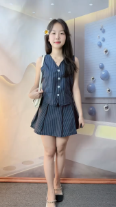 Set vest nữ mặc hè chất Linen Sọc cao cấp phối quần short giả chân váy ngắn năng động dễ thương