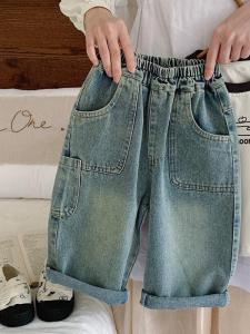 กางเกงยีนส์ทรงตรงหลวมๆ สำหรับเด็กชายและเด็กหญิงสไตล์เกาหลี กางเกงขายาวทรงหลวมสบายๆ สำหรับเด็ก ฤดูใบไม้ร่วง ฤดูใบไม้ผลิ