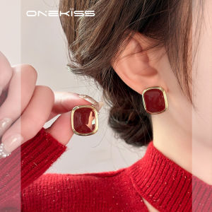 Onekiss Red Square Drip Glaze Earrings Womens Fashionable Versatile Personality Ear Jewelry Fresh out Autumn Painted Craft