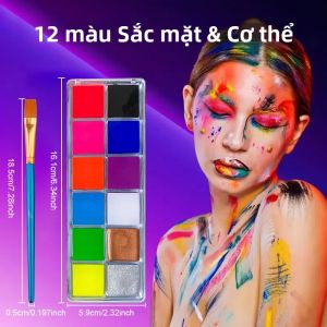 Bộ Bảng Màu Vẽ Mặt Và Thân Thể Phát Sáng UV 12 Màu Kèm Cọ Bộ Trang Điểm Phát Sáng Neon Cho Tiệc Halloween Trang Trí Nghệ Thuật Cơ Thể