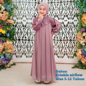 Inara Kids Gamis anak Usia 5-13th Berbahan Crinkcle Airflow mix Brukat Dengan Aplikasi Mutiara Mewah