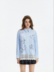 Spring New Fashion Printed Vertical Stripes Lace Long Sleeve Shirt