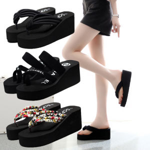 Floral Flip-Flops Womens Thick Sole High Heel Summer Beach Outdoor All-Matching Fashion Flip-Flop Sandals Non-Slip Wedge