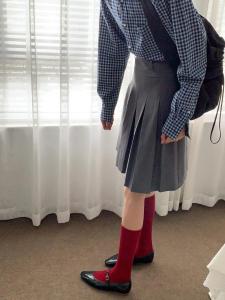 Autumn Winter Womens Mid-Calf Stripe Socks Fashionable All-Match Wine Red Fold-Over Top Popular Yarn Ball Socks