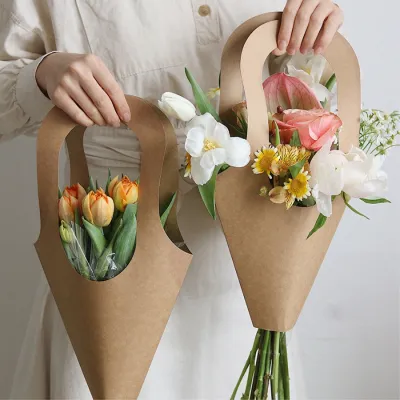 5pcs Flower bouquet kraft paper tote bag for gift giving fresh flowers bag birthday anniversary gift hand-held kraft paper bag