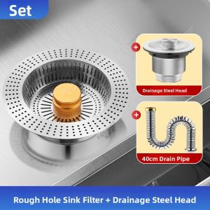 MONLEYTA | Stainless Steel Kitchen Sink Filter Drain Cover Vegetable Washing Basin Leaky Plug Complete Set Sink Drain Press Type Bouncing Core