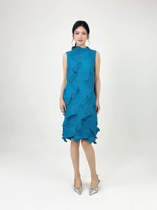 KESHANGYI Miyake Pleated Summer Dress Women 2025 Handmade Folding Sleeveless Loose Versatile MIDI Dress Teal Blue Stand Collar
