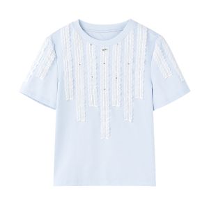 Blue Short Sleeve T-Shirt Womens Summer New Style Commute Wind Straight Tube Cotton Polyester Blend round Neck Short Length