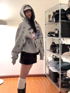 XIANGBAIWEI | Vintage American Printed Stars Hoodie Jacket Women Short Style