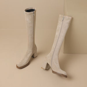 Suede Thick Sole High Heel Stretch Thin Boots Womens Fall and Winter below the Knee Boots Fashion Simple Zipper Chunky Heel High Boots