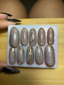 Premium custom press on nail nude cat eye + chrome ake nail kuku palsu custom