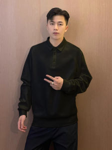 เสื้อโปโลแขนยาวสีดำบริสุทธิ์สำหรับผู้ชาย เสื้อเชิ้ตฐานเสื้อฤดูใบไม้ร่วงสำหรับผู้ชาย น้ำหนักเบา สำหรับใส่ทำงานในช่วงฤดูใบไม้ร่วง