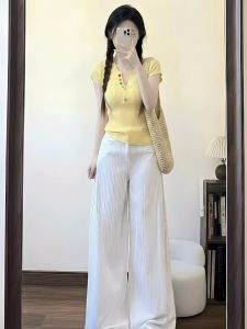 PEIXI | Youthful Button V-neck Knitted Short Sleeve Top