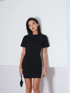 Elegant High Waist Short Sleeve Dress Womens Summer Slim Fit T-Shirt Dress Cotton 100% round Neck X-Shape Pure Color Dress