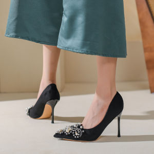 Womens Pointed Toe High Heels Rhinestone Slim Stiletto Design Sensation Spring Summer Fashion Velvet Mouth Single Shoes
