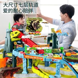 Dinosaur Car Parking Lot Toy with Extension Lift Elevator Sound & Light Version Race Track Car Race Mainan Kereta Trek
