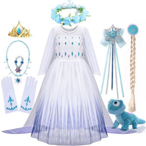 Disney Elsa White Princess Dress Frozen Long Sleeves Lace Costume Snow Queen Ball Gown Lace Diamond Decoration Dress for Girl