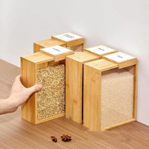1/2pcs Creative Bamboo Grain กล่องเก็บห้องครัวไม้เลื่อนฝาครอบข้าวเครื่องใช้ในครัวเรือนอาหาร Pantry Organizer