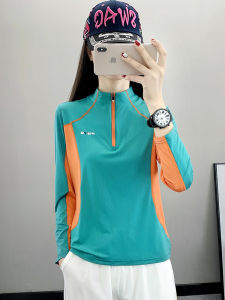 เสื้อยืดคอตั้งแขนยาวแห้งเร็วสำหรับผู้หญิง ระบายอากาศได้ดี ดูดซับเหงื่อ ทรงหลวม ลำลอง แฟชั่น ออกกำลังกาย กลางแจ้ง ฤดูใบไม้ผลิ ฤดูใบไม้ร่วง