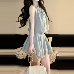 HUAYILING | Blue Halter Tie Dress Summer New College Style Fitted Slim Short Dress