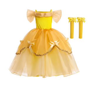 Halloween Beauty Belle Cosplay Dress Girls Yellow Velvet Princess Costume Children Off Shoulder Beauty And Beast Elegant Gown