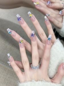 Dopamine Hand-Worn Nail Mid Length Long Length Nude Pink Candy Soda Diamond in the Debris with Diamond Colorful Crystals White Fake Nails
