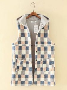 [Big Sale] Plus Size Women's Fine Velvet Gingham Mid Length Long Length Vest Casual Patch Pocket Hooded Vest Sxb8736