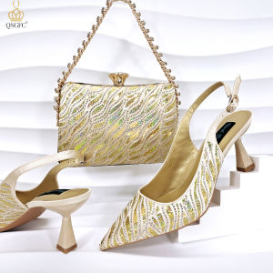 QSGFC New Arrival Fashion Shoes Matching Bag Set Royal Blue Color Decorated with Crystal Ladies Wedding Party Women High Heel