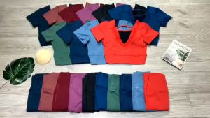 Đồ tập gym yoga nữ set bộ áo crop ngắn tay kèm mút quần dài thun poly co dãn tốt nhiều màu Bin Sports BD132