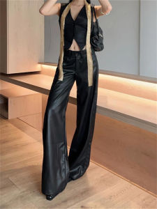 High Waist PU Leather Pants Womens American Style Bell Bottoms Long Trousers Thinming High Quality plus Size Leather Skinnies