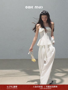 Tank Top and Palazzo Pants Set with Ribbon Lyocell Linen