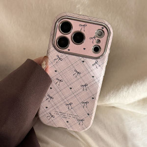 Retro Simple Rhombus Grid Pattern Love Heart Bowknot Shock Proof Phone Cover Case for iPhone 17 16 15 14 13 12 Pro Max Plus
