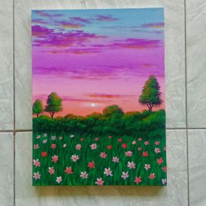 Lukisan Kanvas Canvas Hiasan Pajangan Dekorasi Dinding Pemandangan Ruang Tamu Kamar Rumah Minimalis Aesthetic Handmade Asli Buatan Tangan Motif Sawah Hijau Ukuran 30x40cm