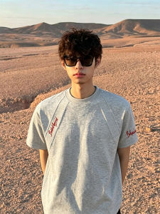 YOULIN | Gray Red Letter Embroidered American Style Boxy Heavyweight Cotton T-Shirt