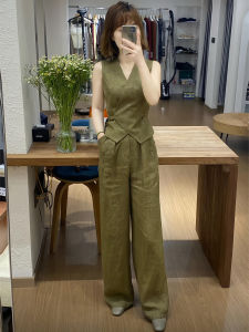 Shalldoer | Bộ Đồ Nữ Phong Cách Retro Có Dây Kéo Bằng Vải Linen Áo Vest và Quần Tây Ống Trực