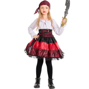 Parent Child Clothing Women Halloween Costume Kids Girls Dress Pirate Dress with Scarf Lace Girls Dress Red Pirate Cosplay Costume Voyager Pretend Play Stage Costume Navigator Costume Photoshoot Birthday Party Story Telling