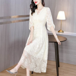 ชุดเดรสยาวผ้าไหม C ปักลายสไตล์ฝรั่งเศสหรูหรา ทรงเอ เอวสูง แขนยาว สไตล์ฤดูใบไม้ผลิและฤดูร้อน