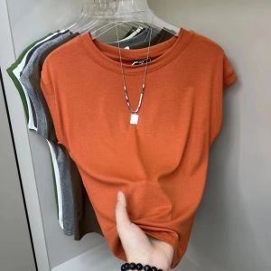 Slimming round Neck Solid Color Design Womens High End Short Sleeve Simple Fledgling Sleeve T-Shirt Summer Top New