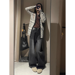 High Waist Wide Leg Jeans Womens Straight Cut Long Size Black Grey Color Autumn Loose Fit Slimming Floor-Length Trousers