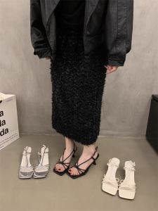 French Roman Style Silver Fairy Slip-On High Heels Womens Shoes Spring Summer Fashionable Low Cut PU Leather Ankle Straps