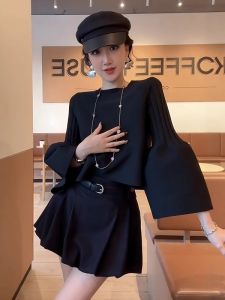 Elegant Black French Style Knitted Top Womens Early Autumn New Slimming Long Sleeve Vintage Sweater Moisture Wicking round Neck