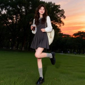 CHANGTONG | Korean Style Pseudo Two-Piece Waist-Tied Pleated Dress