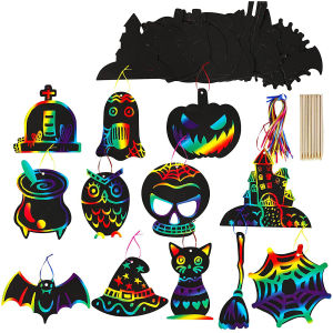 กระดาษขูดสีรุ้ง 12 ชิ้น สำหรับงานศิลปะ DIY ตกแต่งปาร์ตี้ฮาโลวีน รูปฟักทอง ของเล่นสร้างสรรค์สำหรับเด็ก งานศิลปะสีสันสดใสสำหรับตกแต่งฮาโลวีน