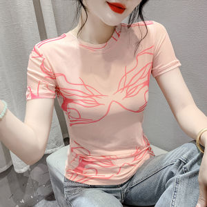 REHIN Fashion mesh floral printed short sleeve round neck T-shirt Slim-fit elegant womens top