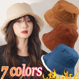 Winter Warm Bucket Hat Solid Fisherman Hat Corduroy Beanies Hats Reversible Hip-Hip Cap