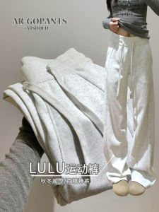 Gray Fleece Lined Wide Leg Sport Pants Womens Casual Loose Straight Cut Trousers Autumn Winter Street Style High Waist Long Pants