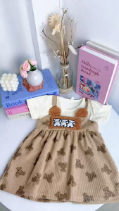 0 - 3 Tahun dress anak perempuan import korean style - 0-4 tahun Anak Perempuan Lucu Motif Beruang Baju Dress Kasual Imut dengan Aplikasi Boneka Cocok untuk Pesta atau Harian