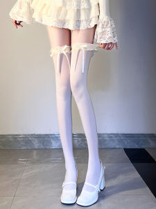 Elegant Velvet Long Tube Socks for Women with Lace Thin Fleece High Waist Butterfly Knot Knee Length Stockings Shapely Leggings