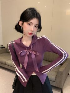 GUZILIAN | Sporty Long Sleeve T-Shirt Womens Spring Autumn Pure Desire Spicy Girl College Style Butterfly Knot Stripe Base Shirt Split