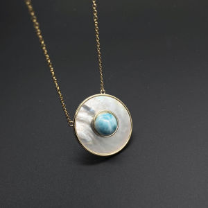 Trendy Natural Larimar Pendant 14K Yellow Gold White Shell Gemstone 8mm Necklace for Women Girl Party Fine Jewelry Gift